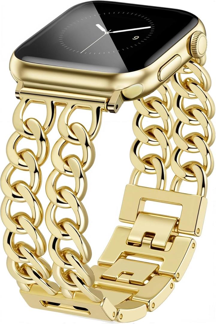 JR.DM Gold Watch Bands for Women Compatible with Apple Watch Band 38mm 40mm 41mm 42mm (S10) Adjustable Metal Band Cowboy Steel Chain Bracelet for iWatch Series1/2/3/4/5/6/7/8/9/10/SE (No Case)