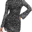MakeMeChic Women's Cheetah Print Mini Dress Y2k Bell Sleeve Leopard Print Dress Going Out Outfits (Medium, Grey)