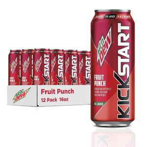 Mountain Dew Kickstart, Fruit Punch, 92mg Caffeine, Vitamins B & C, 80 Calories, 5% Juice, 16 fl oz (12 Count) BB Jun 29 2026