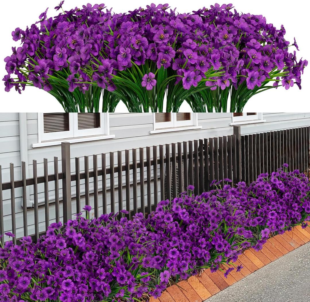 LikSoor 21 Bundles Artificial Outdoor UV Resistant Flowers No Fade Fake Outside Flowers Plastic Greenery Faux Shrubs Garden Porch Window Box Home Decoration(Violet)