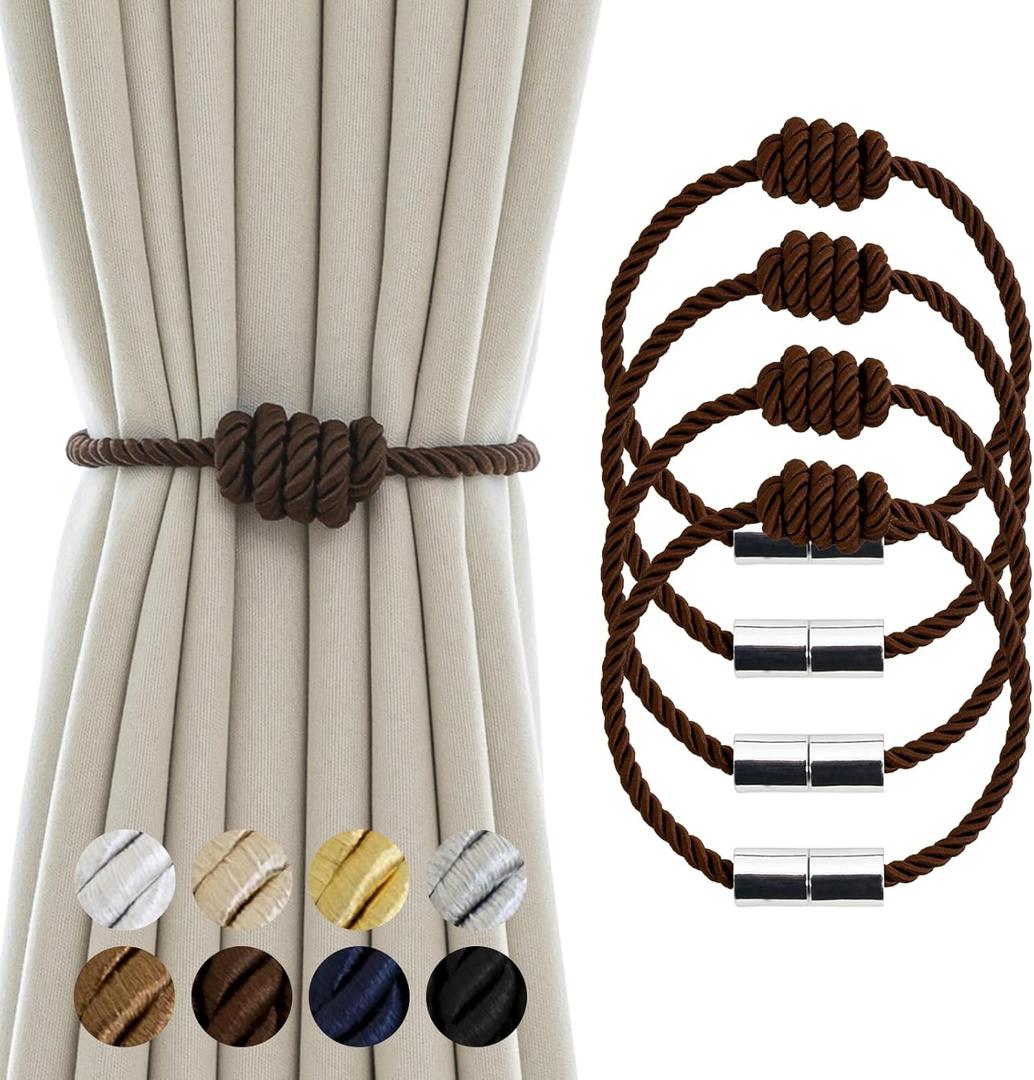 Magnetic Curtain Tiebacks - Decorative Tie Backs for Drapes & Curtains, 4 Pack Rope Holders, Coffee Finish