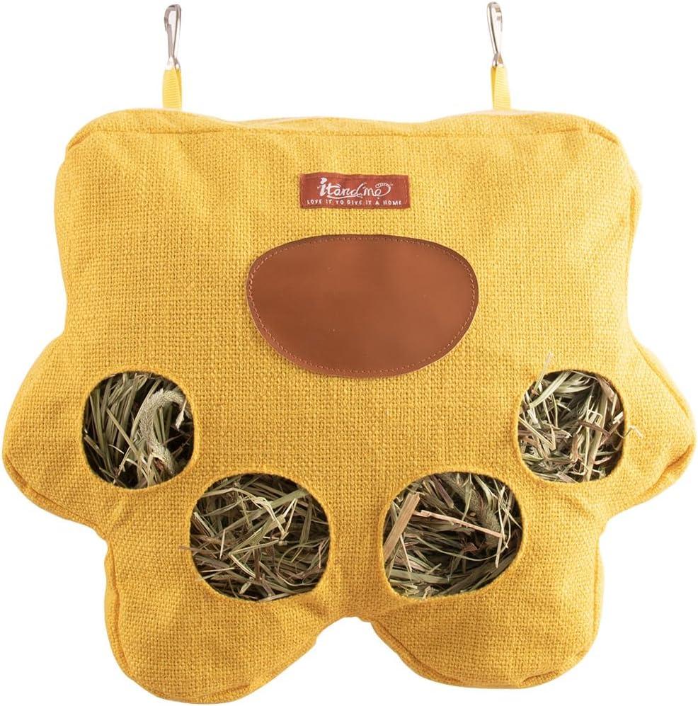 ITANDME 4-Hole Rabbit Hay Feeder Bag with Zipper Top Hanging Rabbit Bags Breathable Fabric Guinea Pig Feeder Cute Shape Small Pet Hay Holder for Guinea Pig Bunny Chinchilla(Yellow Paw Print S)