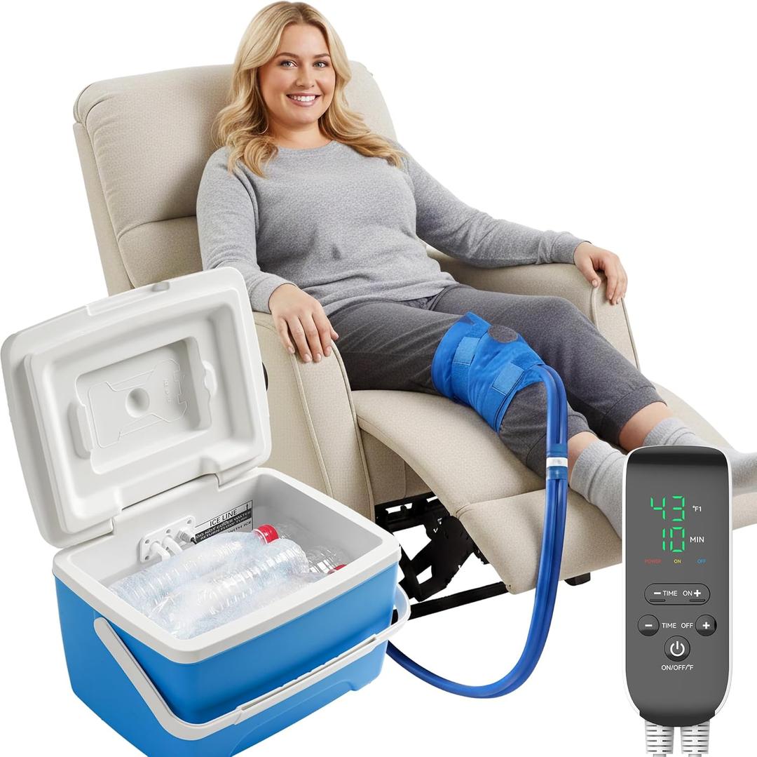 Cold Therapy Machine for Knee Replacement with Programmable Timer, Ice Machine After Surgery, Cryotherapy Pain Relief & Swelling Reduction Post-Op, Compression Pad for Knee, Ankle and Elbow