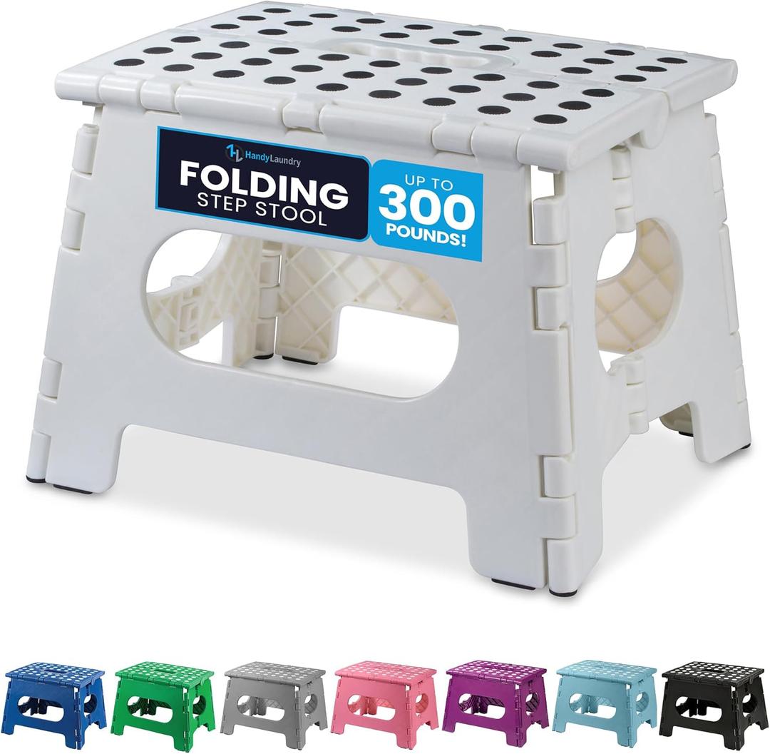 Handy Laundry Folding Lightweight Step Stool is Sturdy Enough to Support Adults and Safe Enough for Kids. Opens Easy with One Flip. Great for Kitchen, Bathroom or Bedroom. (White) (9-Inch)