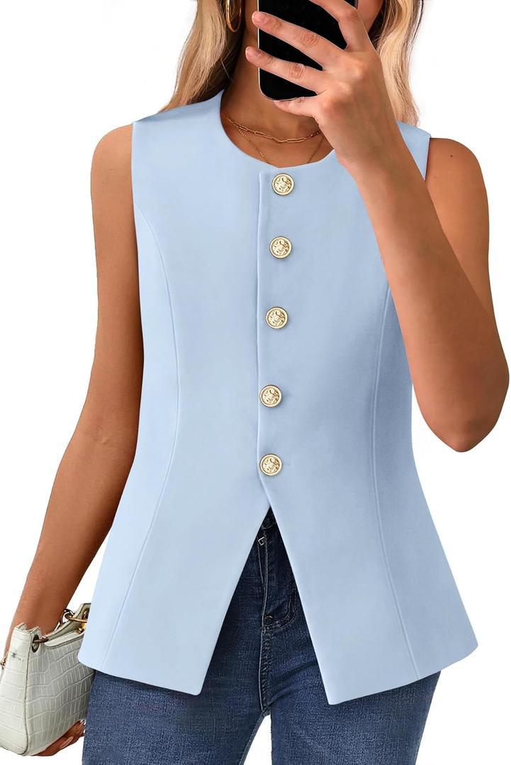 BTFBM Summer Sleeveless Blazer Vest For Women Dressy Button Down Round Neck Business Casual Outfits Work Suit Vests Tops (Blue, S)