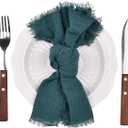 Fall Thanksgiving Rustic Cloth Napkins 16.5x16.5 Inches Handmade Cotton Linen Napkins with Fringe Boho Washable Dinner Napkins in Bulk for Wedding Party Table Decor Set of 10 Emerald Green