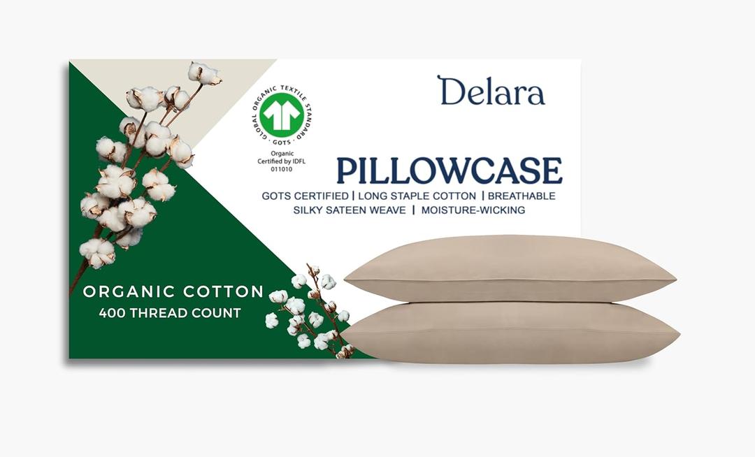 Delara GOTS Certified 100% Organic Cotton Pillowcase Pack of 2, 400 Thread Count, Long Staple Cotton, Ultra Soft, Silky, Moisture-Wicking, Smooth & Breathable, Pillowcase for Hot Sleepers (Natural)