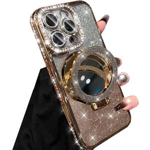 Magnetic Kickstand Glitter Case for iPhone 16 Pro Max,[Compatible with Magsafe] Bling Sparkly Rhinestones with Camera Protector Makeup Mirror Women Girls Case for iPhone 16 Pro Max 6.9", Gold