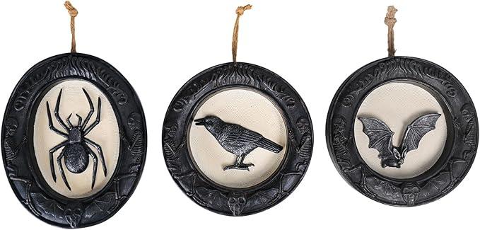 Chonsun Halloween Decorations Indoor 5.9 Inch Skull Spider Crow Bat Figurines Halloween Sculpture Hanging Ornaments