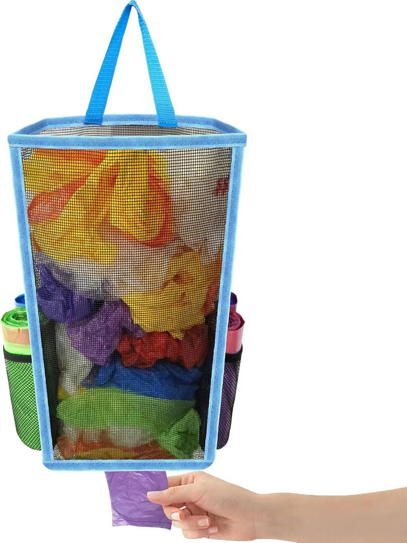 Trash Bags Holder,Plastic Bag Holder,Large Capacity Grocery Bags Holder,Shopping Bags Storage,Garbage Bag Holder,Breathable Mesh Small Trash Bag Organizer Dispenser (Blue)