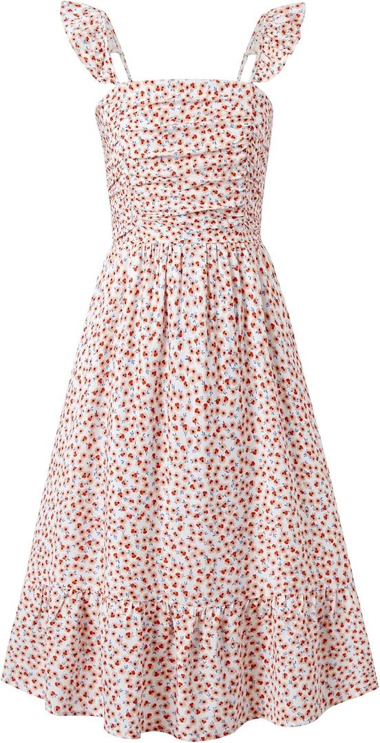Sunny Spirit Girl's Summer Floral Dresses Kids Cute Ruffle Sleeve Smocked Flowy Dress 6-14 Years