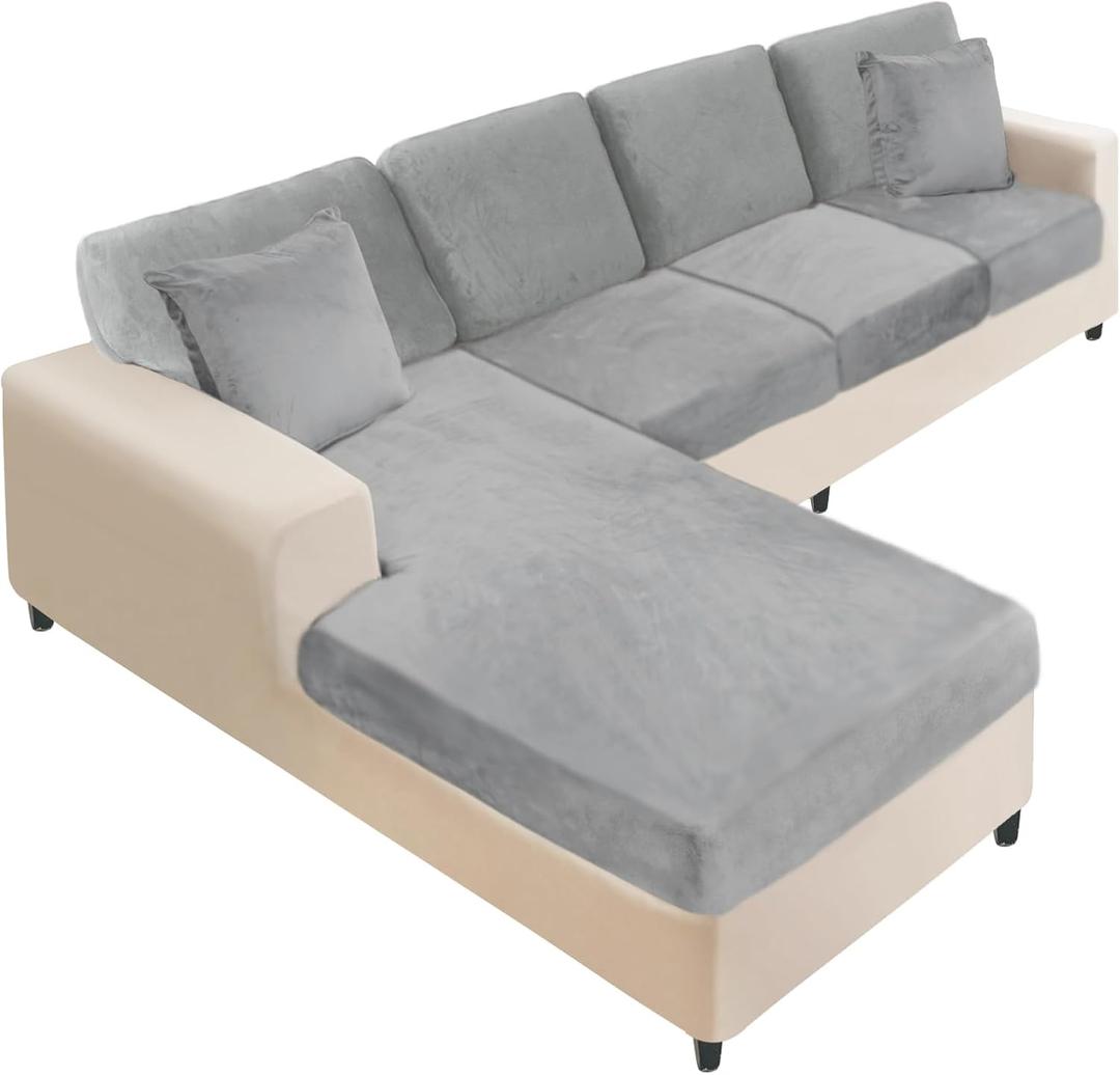 NAISI Sectional Couch Covers 8 Pieces Velvet Couch Cushion Covers L Shape Soft Stretch Sofa Slipcovers with 2pcs Pillowcases for Left/Right Chaise Sectional Couch(3 Seater+1 Chaise+4 Back,Light Grey)