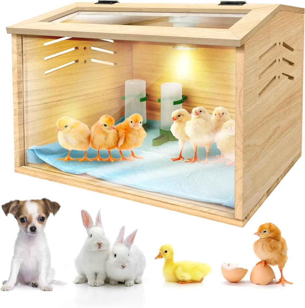 Chicken Brooder Box for Chicks & Quail with 3 Absorbent Pads, Feeder and Waterer - Adjustable Temperature Control Brooding Box for Small Chicken Coop & Quail Cage (15.7x12x12 Inches)