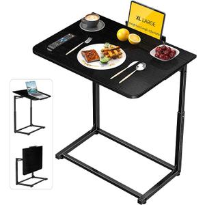 Extra Large TV Dinner Tray Table, Couch & Bed Eating Desk, Snack Tray, Laptop Table Heavy Duty Folding Food Table with 8-Height & 90° Tilt Adjustable, C-Shaped End Table with Phone/Tablet Slot–Black