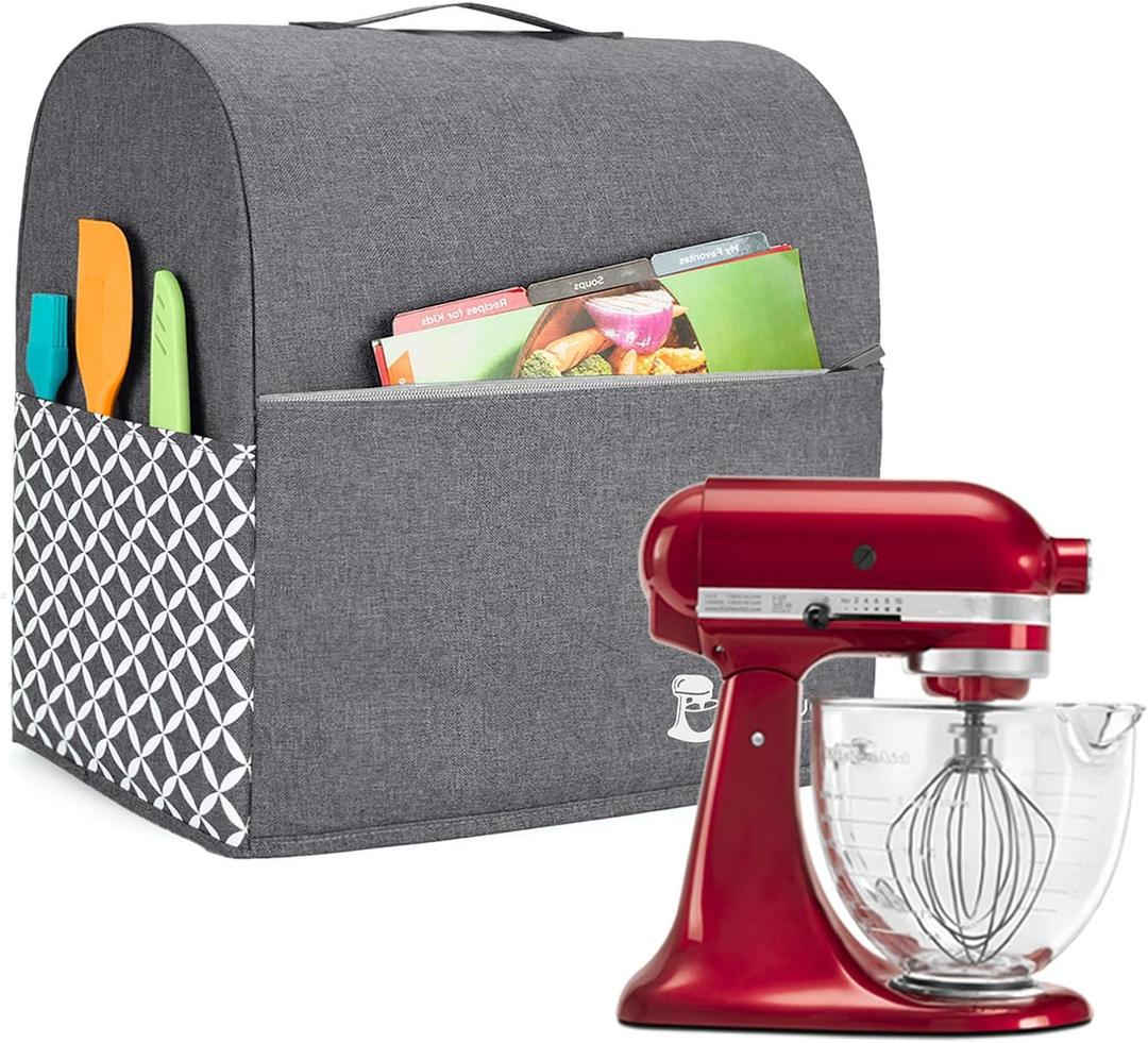 Yarwo Stand Mixer Cover Compatible with 4.5 qt and All 5 qt KitchenAid Mixer, Protective Dust Cover with Top Handle and Pockets for Accessories, Gray with Grid