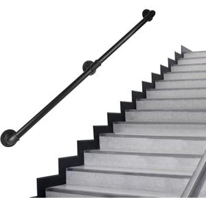 Pipe Stair Handrail, 7 Ft Metal Staircase Handrail, Black Galvanized Industrial Iron Hand Rail for Indoor & Outdoor Wall Mount Support, Wall Hand Railing,Safety Handle, Steps Baluster(HR08)