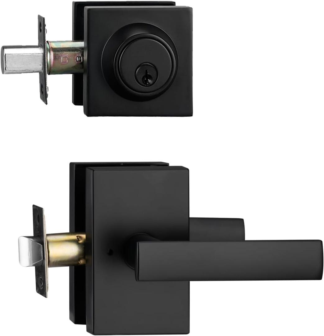 Matt Black Exterior Door Lock Setl, Front Door Handle with Deadbolt Lock, Heavy Duty Entry Door Handlset (1)
