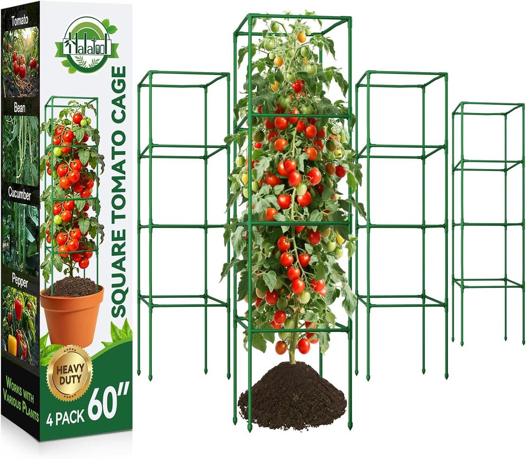 Halatool 4 Pack 60 Inches Square Tomato Cages for Garden, Heavy Duty Adjustable Metal Tomato Trellis for Climbing Plants – Green Plant Support Stakes for Vegetables Flowers Fruits & Raised Bed Outdoor