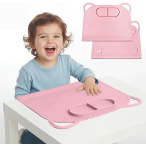 Domensi Large Silicone Suction Placemat with Teething Edge Bumper/Spill for Baby Toddlers Kids with Storage Bag, Non-Slip Dinning Table Mat, Dishwasher Safe for Table (Pink,1 Pack)
