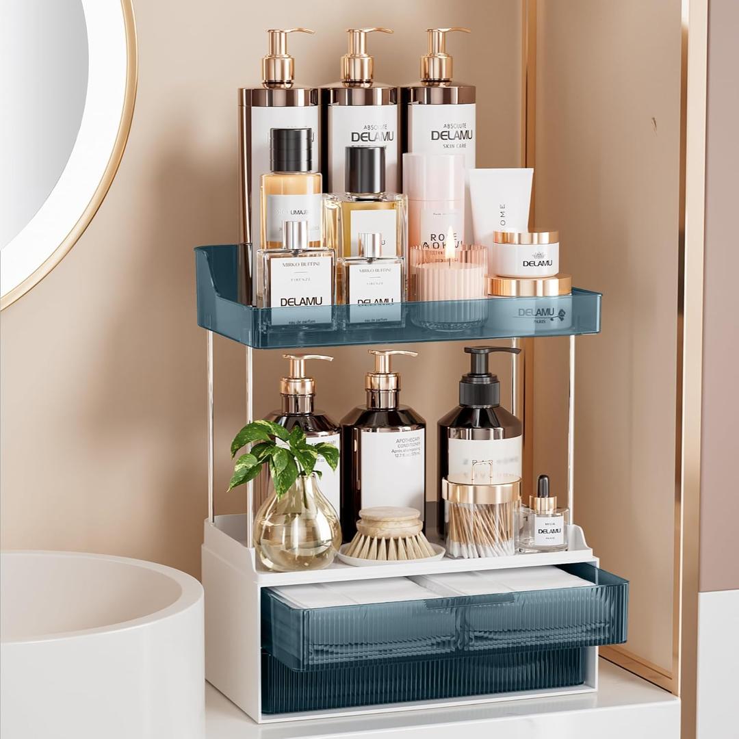 Delamu Bathroom Organizers and Storage, 2 Tier 2 Drawer Makeup Organizer Countertop, Easy to Install, Ideal for Bathroom Counter, Vanity, Ideal for Women Girls, Blue (2Drawers 1 Pack)