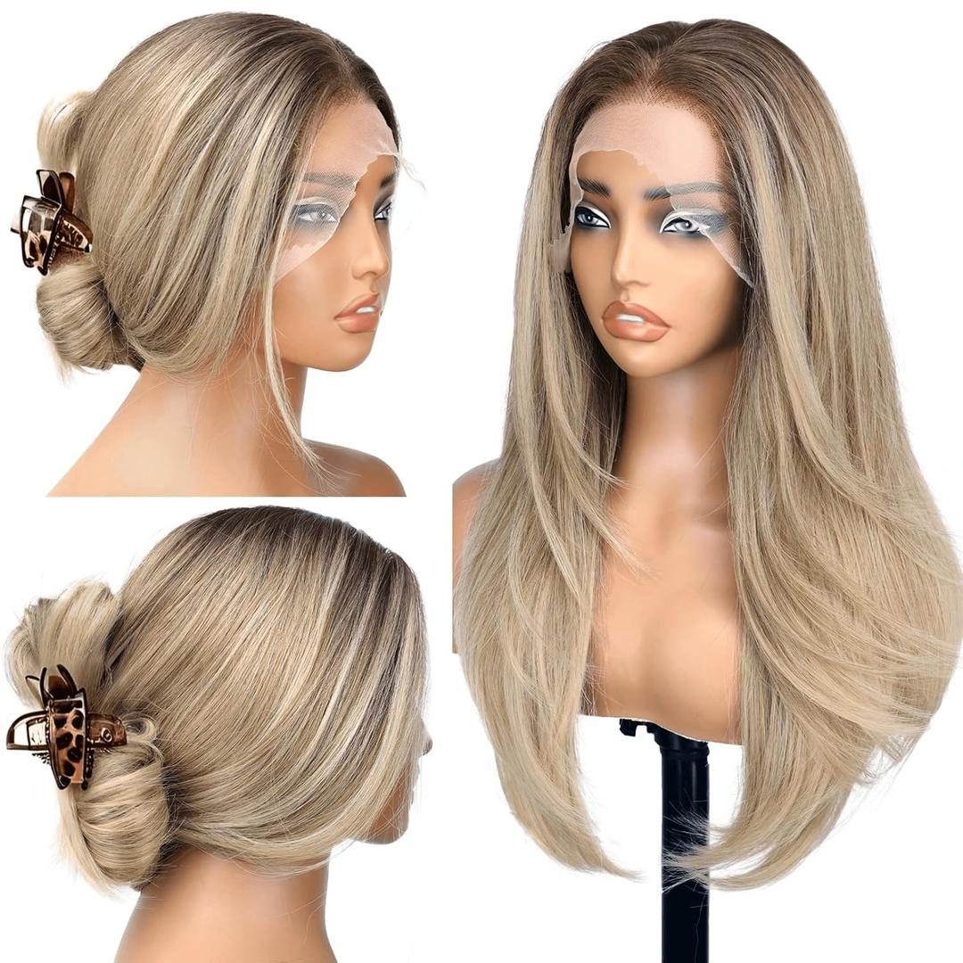 13x6 HD Lace Front Glueless Ombre Blonde Wig for Women Free Parting Layered Straight Synthetic Hair Natural Hairline Heat Resistant Beginner Friendly Daily Use 24 Inch (Long)