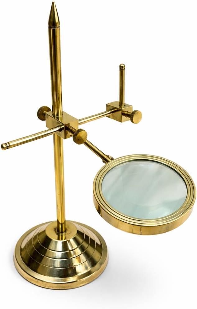 Vintage Brass Magnifying Glass with Stand, 3-inch Lens, 9-inch Height, Adjustable Desktop Magnifier