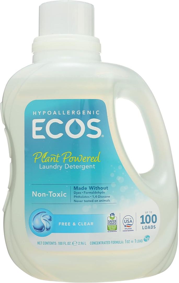 Earth Friendly Products Ecos 2X Liquid Laundry Detergent Free & Clear, 100 Fl Oz (Pack of 4)