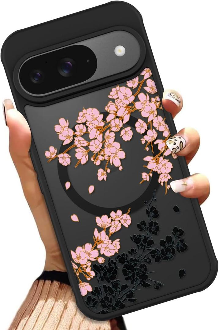OOK Case for Google Pixel 9/9 Pro 6.3 Inch (Compatible with MagSafe) Floral Flowers Design Translucent Phone Cover Soft TPU + Hard PC Anti-Scratch Shockproof Magnetic Cute Case for Women - Pink