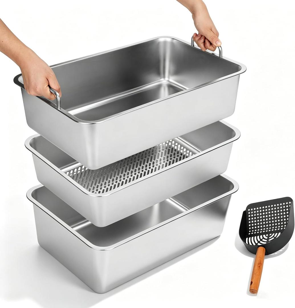 Triple-Tier Stainless Steel Sifting Cat Litter Box, Extra Large 23.6" x 15.7" High Shield Litter Pan with Dual Handles, Non-Stick Easy Clean Cat Box for Large Breeds & Multi-Cat Households