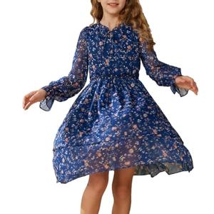 GRACE KARIN Girls Tween Dresses Size 12-14 Fall Dress Party Formal Holiday Long Sleeve Dress for Girl Midi Dress Navy Blue 12Y