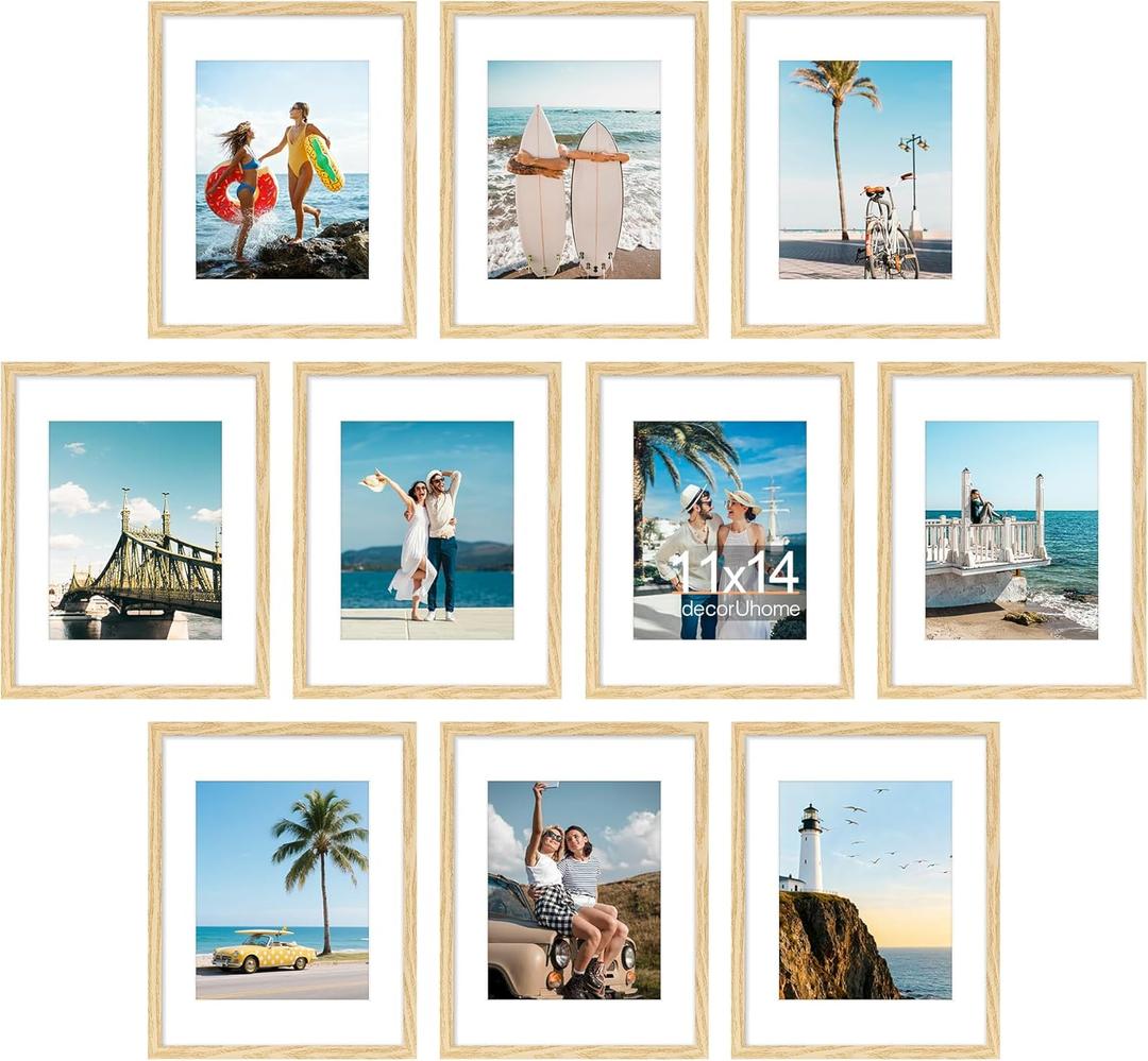decorUhome 11x14 Picture Frame Set of 10, Display Photos 8x10 with Mat or 11x14 Unmatted for Picture Frames Collage Wall Decor, Natural
