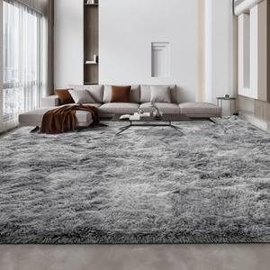 Deerhoo Large Shag Area Rugs 10 x 14, Tie-Dyed Plush Fuzzy Rugs for Living Room, Ultra Soft Fluffy Furry Rug for Bedroom, Anti-Skid Indoor Carpet Nursery Rugs for Kids Room Home Decor, Light Grey
