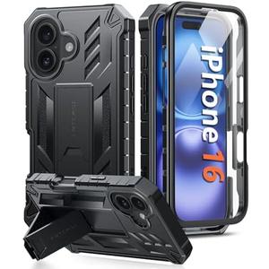 FNTCASE for iPhone 16 Phone Case: for iPhone 16 case with Kickstand Shockproof Military Grade Protective Cover - Dual Layer Full Protection Sturdy Matte Textured Drop Proof - 6.1 Inch Black