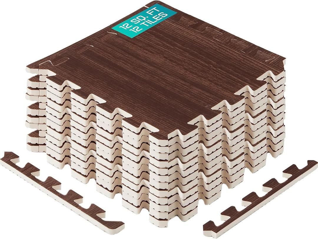Yes4All EVA Interlocking Mats, Puzzle Floor Tiles, Foam Floor Padding with Border for Furniture, Home Space, Living Room, Garage 11,22,32 SQFT (D. Walnut Wood Dark)