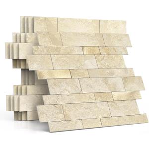 Backsplash Tile for Kitchen Peel and Stick Stone Matte Finish,Bathroom Tiles Stickers 3D Wall Panel Linear Mosaic Marble Backsplash Waterproof(10sheets,Beige Gold)