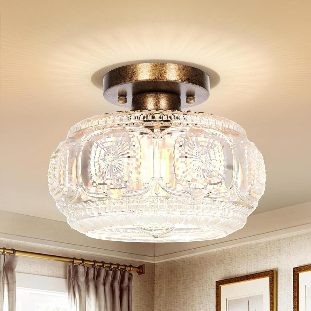Semi Flush Mount Ceiling Light, Globe Glass Ceiling Light Fixture, Antique Bronze Modern Lighting for Hallway Bedroom Entryway Kitchen Porch, Bulb Not Included (9.38 inch)