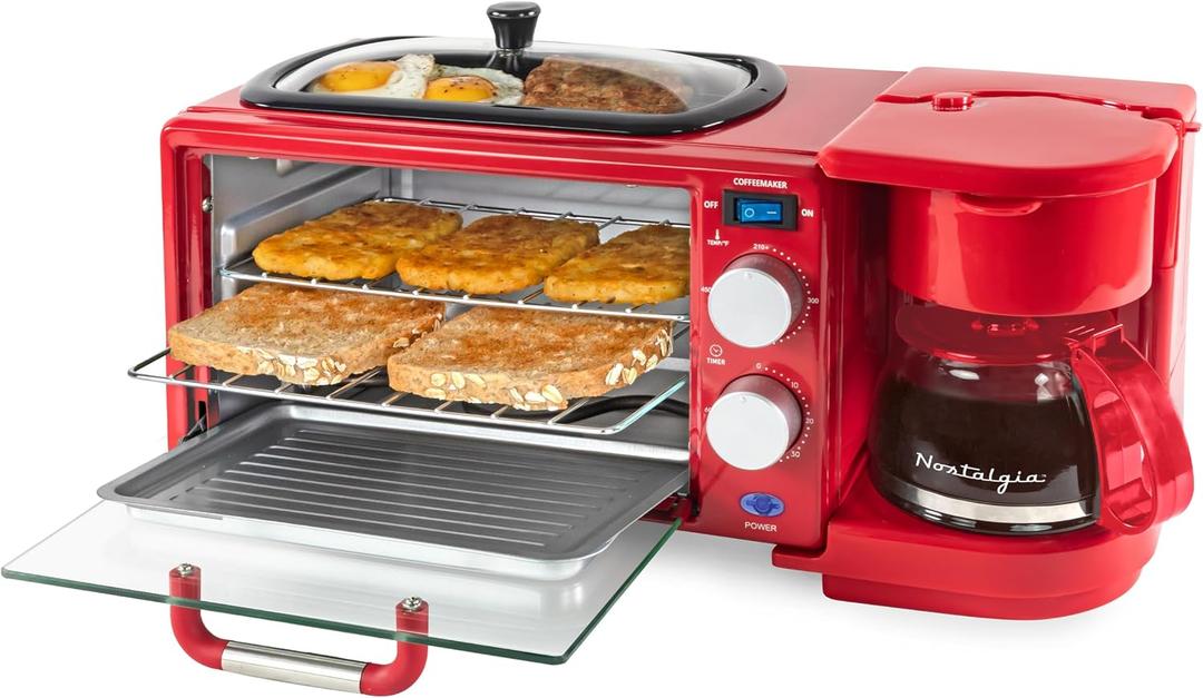 Nostalgia 3-in-1 Retro Breakfast Station - Includes 5 Cup Coffee Maker, Non-Stick Ceramic Griddle, and 4-Slice Toaster Oven - Built-In Timer, Reusable Coffee Filter, Space-Saving Design - Red