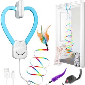 Interactive Cat Toys for Indoor Cats: Automatic Door Hanging Toy with Feather Wand, Quiet Self Play Chase Exercise Enrichment for Bored Kittens, Adult, Multi Cat Households, Type-C Durable Safe Toy (Blue)