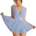 OYOANGLE Women's 2 Piece Polka Dots Lace Sheer Mesh V Neck Babydoll Teddy Lingerie Set Size M