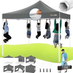 HOTEEL Pop Up Canopy Tent 10x10 with Sidewalls, Commercial Instant Waterproof Canopy for Vender Patio, UV 50+ with Silver Coated, Upgraded Thickened Hexagonal Legs, Gray
