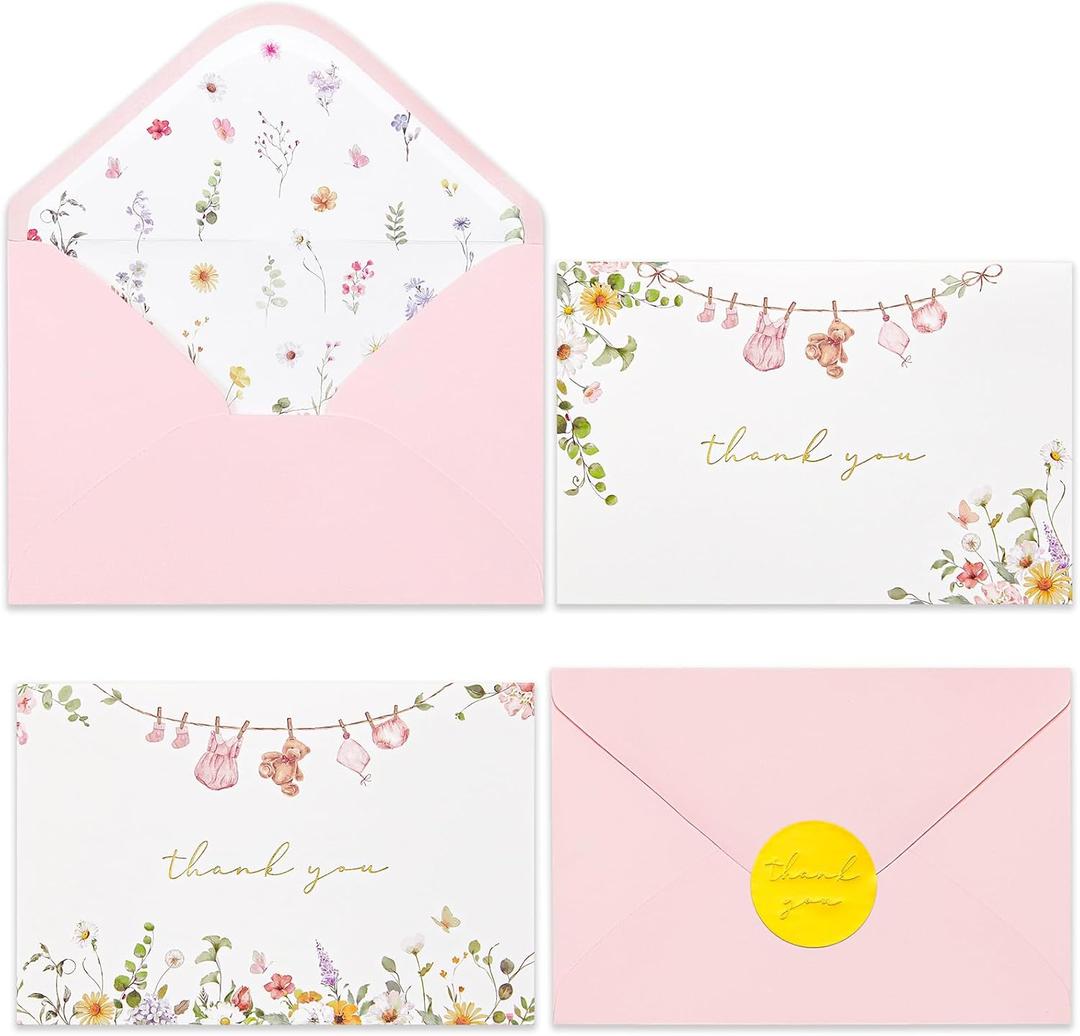 Crisky Baby Shower Thank You Cards with Envelopes & Stickers, 50 Pack Pink Gold Baby Thank You Greeting Cards Bulk for Girl, Watercolor Delicate Wildflower Design