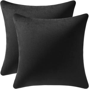 DEZENE Throw Pillow Covers 16x16 Black: Pack of 2 Cozy Soft Velvet Square Modern Luxury Decorative Throw Pillow Cases for Sofa Couch Living Room Bed Home Decor