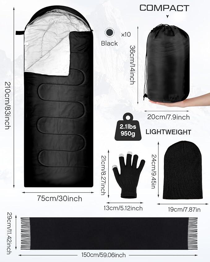 Tranqun 40 Pcs Sleeping Bags for Adult Bulk with Winter Beanie Hat Touch Screen Gloves Scarves, Waterproof Cotton Liner Cold Weather Sleeping Bag for Homeless Camping Indoor Outdoor