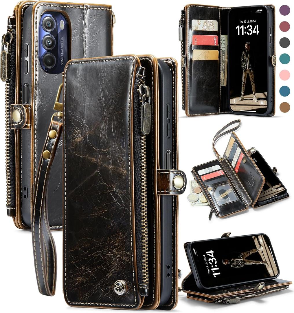 Defencase Compatible with Moto G Stylus 5G 2022 Case, RFID Blocking Wallet Case Compatible for Motorola Moto G Stylus 5G 2022 PU Leather Flip Strap Zipper Card Holder Phone Case for Women, Coffee