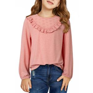DOKOTOO KIDS Girls Tops Fall Casual Long Sleeve Shirts Lace Crewneck Knit Cute T-Shirt 2025 Trendy Back to School Tee Girl Fashion Dressy Embroidered Blouses Comfort Solid Clothing Pink 8-9 Years