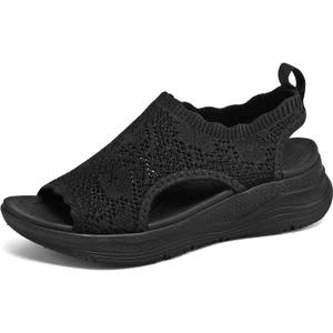 Womens Orthopedic Walking Sandals Arch Support Comfort Slip-On Sport Sandals Open-Toe Athletic Sandals for Plantar Fasciitis Summer Beach Casual (Black), Size 10