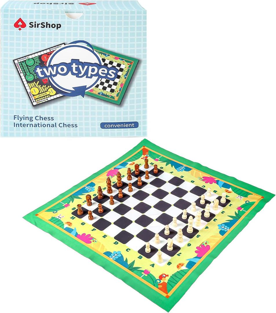 2-in-1 Travel Game Set, Portable Chess and Flying Chess with 20-inch Foldable Chess Board, 48 Chess Pieces, Extra Dice and Sturdy Storage Bag, Travel Board Games for Kids and Adults