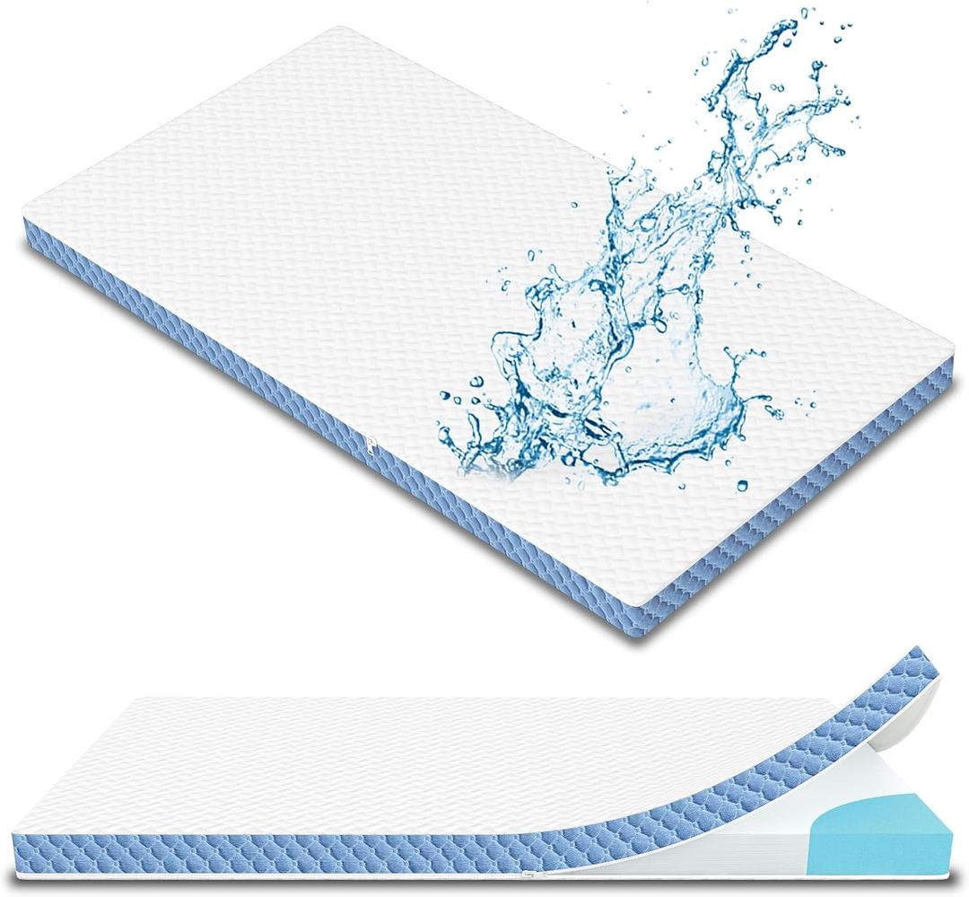 2"x27.5"x52" Mattress Topper, Ultra-Soft Gel-Infused Memory Foam, Odorless & Noiseless Water-Proof Sleep Surface, Detachable and Washable Outer Cover, Pure White & Blue