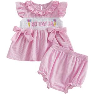 Baby Girl Birthday Outfit Letters Bow Embroidery Short Sleeve Shirts Elastic Waist Shorts Birthday Summer Clothes (Pink,  3-6 Months)