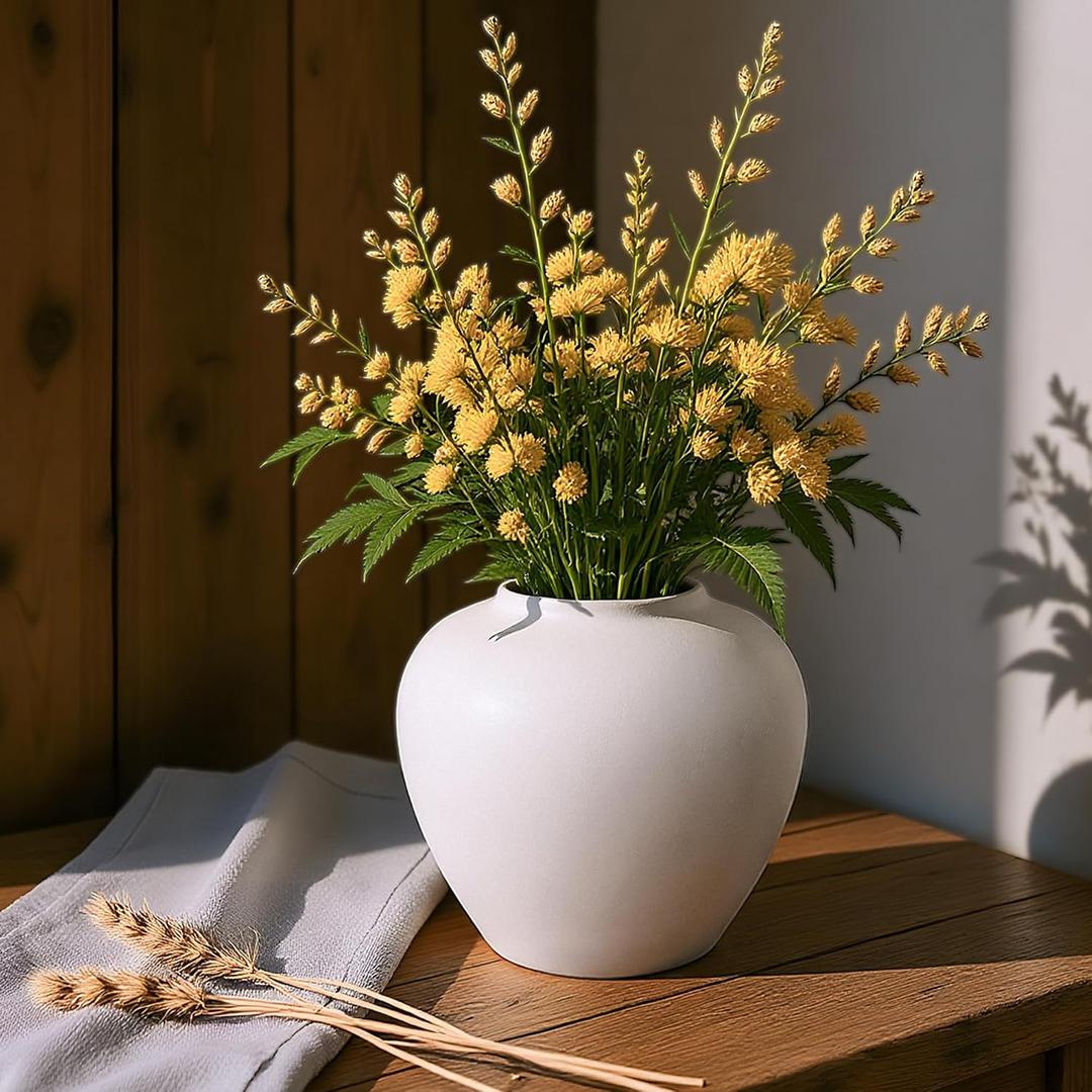 Rustic Matte Ceramic Vase for Home Decor, 7.48 Inch Farmhouse Minimalist White Round Vase for Flowers, Living Room, Kitchen, Table, Entryway, Decorative Pottery Vases for Centerpiece, Bedroom